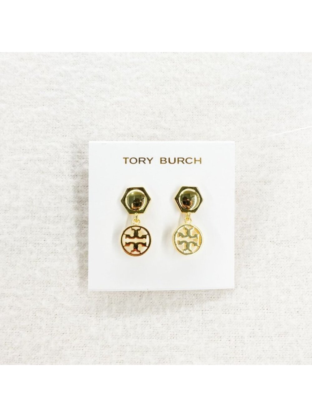 Tory Burch Hexagon Circle Logo Drop Earrings Gold OS